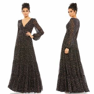 IEENA Mac Duggal Floral Tiered Long Sleeve Maxi Gown Dress Black Floral Size 8